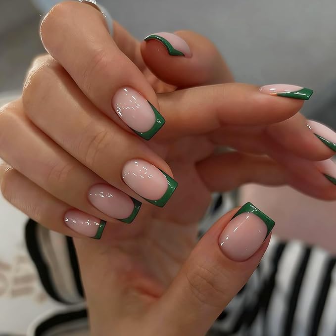 Dark Green Semi Cured Gel Nail Strips French Tip 20Pcs Clear UV Gel Nail Stickers Glossy Nails Polish Strips UV/LED Light Needed Self Adhesive Full Polish Nails Wraps for Women