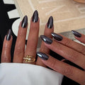 Black Chrome Press on Nails Almond Fake Nails Medium False Nails Press ons with Design Reusable Artificial Nail Full Cover Glossy Glue on Nail Stick on Nails for Women Halloween Manicure 24 Pcs