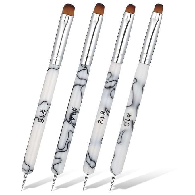 4 Pcs Gel Nail Brush French Acrylic Nail Art Brush with Dotting Tool Extension Gel Brushes Professional Manicure Tool for Nails Detailed Designs DIY Nails Salon (10# 12# 14# 16#, Black and White)