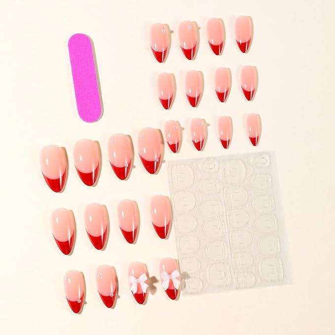 French Tip Press on Nails Medium Almond Fake Nails with Bow Charms Glue on Nails Red French Tips Nails Acrylic Press ons Stiletto Artificial Nails Cute Bow False Nails for Women Manicure Design 24 Pcs