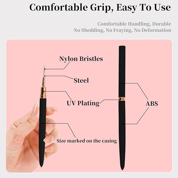 Professional Detail Nail Art Paint Liner Brush Set, 5Pcs Small Polish Design Tech Nail Tip Fine Line Striping Brushes, 25/15/11/9/7Mm Skinny Long Bristle Nails Drawing Pincel Para Uñas (Black)