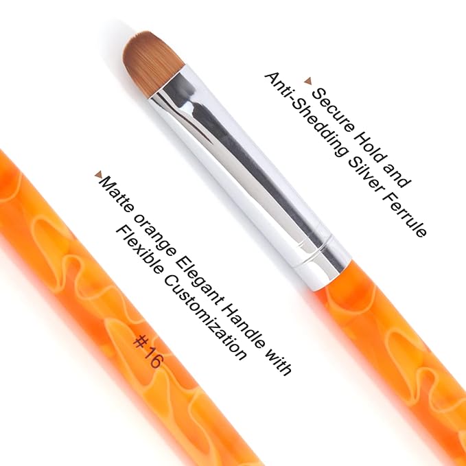 French Manicure Brush - Two Way Nail Art Brush with Dotting Tool for Cuticle Clean Up & Design - Professional Salon Quality, Dotting Pen (16#, Orange)