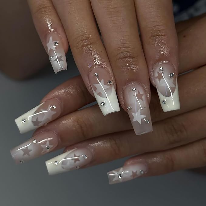Y2K Press on Nails Long Coffin MABKJLF French Tip Fake Nails Nude Full Cover White Star False Nails with Designs Gradient Acrylic Nails Rhinestone Glossy Glue on Nails for Women Girls 24Pcs