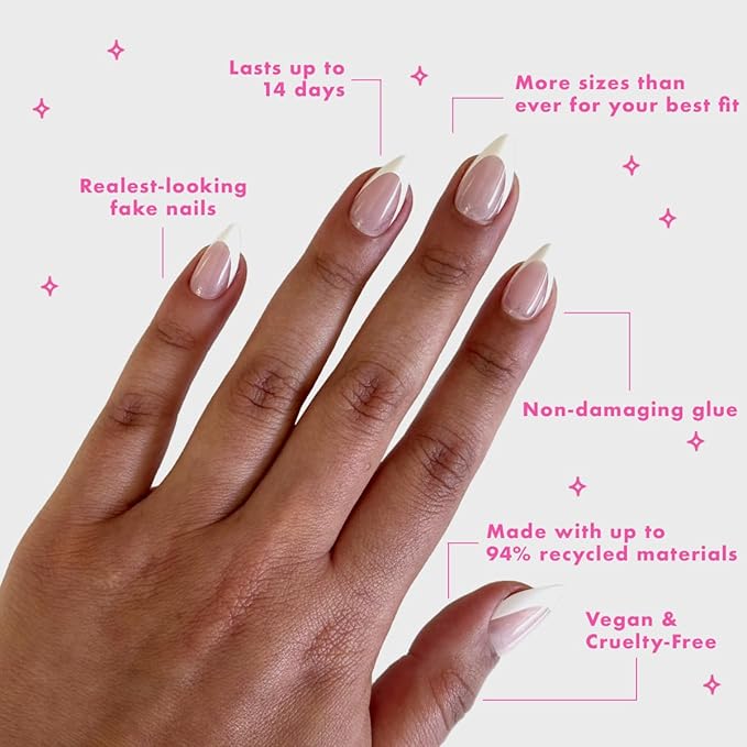 Olive & June Maximalist Instant Mani Press-On Nails (Glue) | 42 Fake Nails, 21 Sizes | Non-Toxic, Long-Lasting Big, Bold Gorgeous Realistic Look | Salon-Quality | Medium, Stiletto | Sharp French
