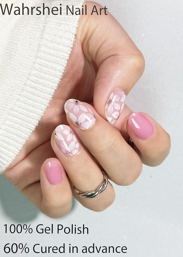 UV Gel Nail Stickers, Spring, Pink Flower20pcs Semi Cured Gel Nail Strips, Wraps for Home Manicure DIY