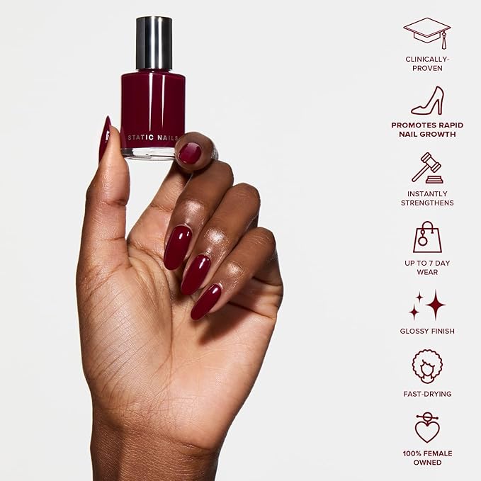 Static Nails 5-in-1 Rapid Growth Treatment Polish, Clinically Proven Hardener & Strengthener, Built-in Top & Base Coat, Quick Dry Formula, Repairs & Lengthens – Tongue Tied (Dark Cherry Red) 0.4 Fl Oz
