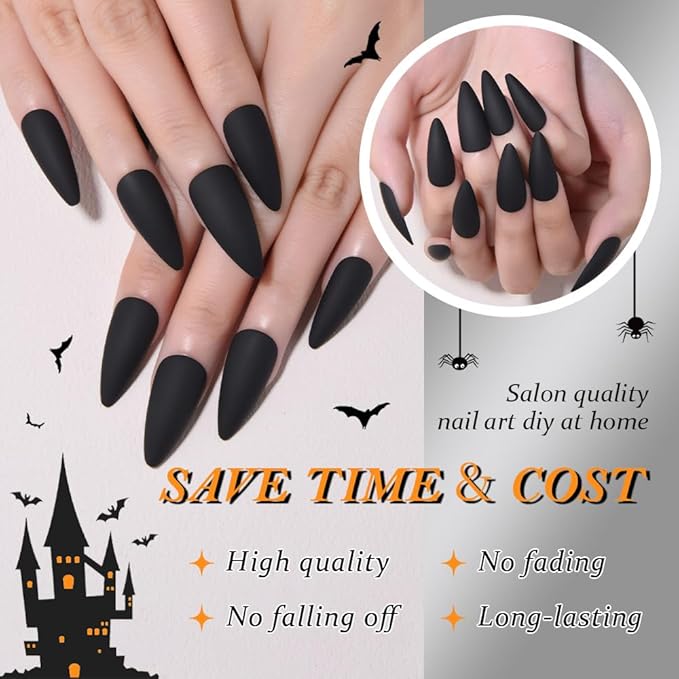 Halloween Press On Nails Medium Long Matte Stiletto Almond, Acrylic Press On Nails, Ghost Designer Reusable Fake Nails, Artificial Nail Hallows' Day, Glue On Nail Press Ons for Women