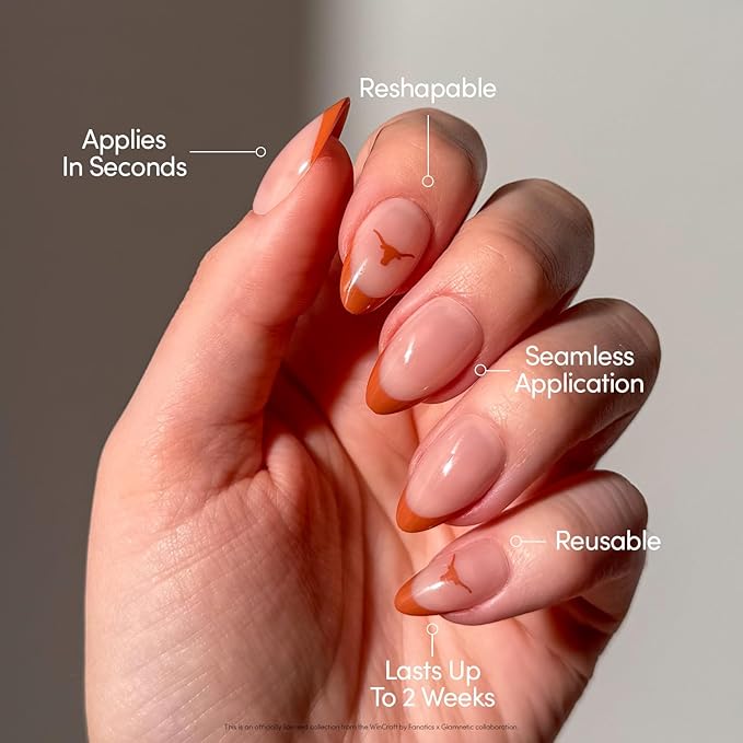 Glamnetic x Fanatics Press On Nails - Texas Longhorns | Short Almond Fake Nails, Collegiate Longhorns Orange French Tips, College Nails, Salon-Quality | 15 Sizes - 30 Nail Kit with Glue