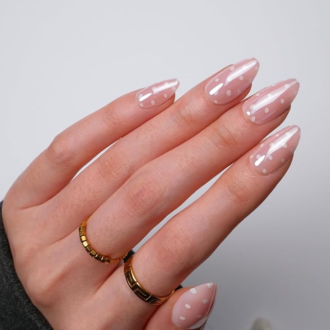 LAMIMOSA 32Pcs Baby Pink Polka Dots Press On Nails Short Almond - Soft Gel Fake Nails in 16 Sizes, Chrome Glazed Glue on Nails Kit, PINK POLKA DOTS