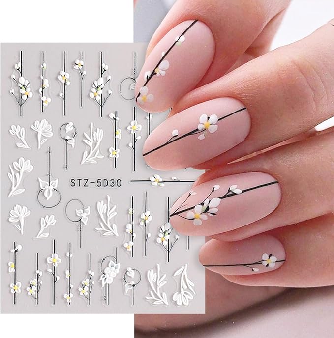 5D Embossed Flowers Nail Art Stickers for Acrylic Nails,8 Sheets Engraved Flower Butterfly Nail Decals Spring Summer Nail Art Accessories French Tips Nail Designs Self Adhesive Nail Stickers for Women