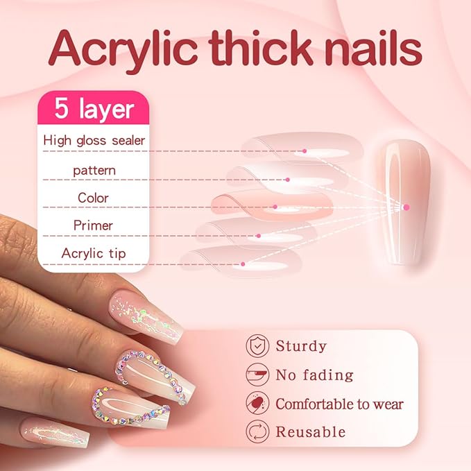 Yivaiks Rhinestone Press on Nails Pink Medium Length Stick on Nails for Women Glitter Artificial Acrylic Press on Fake Nails 24pcs