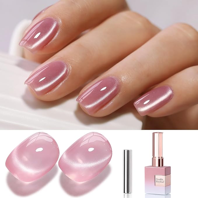 Double Rhythm 0.5 Oz Cat Eye Gel Polish with Magnet Same Color Same Bottle Holographic Glitter Shimmer Translucent Color Salon 15 ML Magnetic Nail Art (Rose Pink-MC1150)