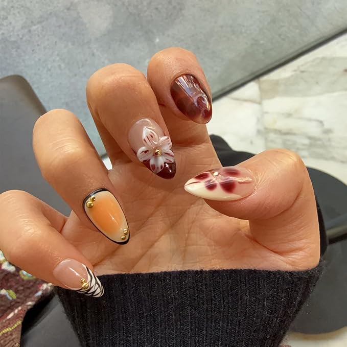 10Pcs Short Almond Handmade Press On Nails | Nude Pink & Brown Ombre with Tortoiseshell Print, 3D Floral & Gold Bead Decor | Reusable Salon-Quality Fake Nails for Women and Girls(251212, S)