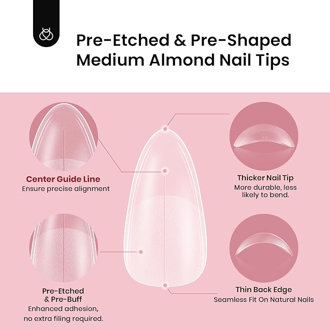 Beetles Medium Almond Gel Nail Tips: 288PCS Medium Almond Matte Clear False Acrylic Press on Nails Tips 12 Sizes Pre-shape Full Cover Nail Tips Nail Extension Easy DIY Salon Gifts for Women
