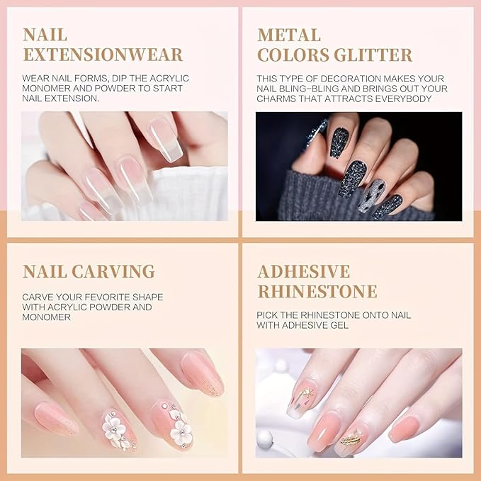 Morovan Monomer Acrylic Nail Liquid with Powder Kit Glitter Acrylic Powders Set for Nail Art Decoration Extension DIY at Home
