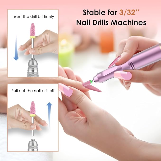 Depvko 10PCS Ceramic Nail Drill Bits, Professional 3/32 inch Electric Manicure Pedicure Drill Bits Nail Tech Set for Acrylic Gel Nails, Efile Cuticle Remover Safety Bit for Nail Drill File, Pink