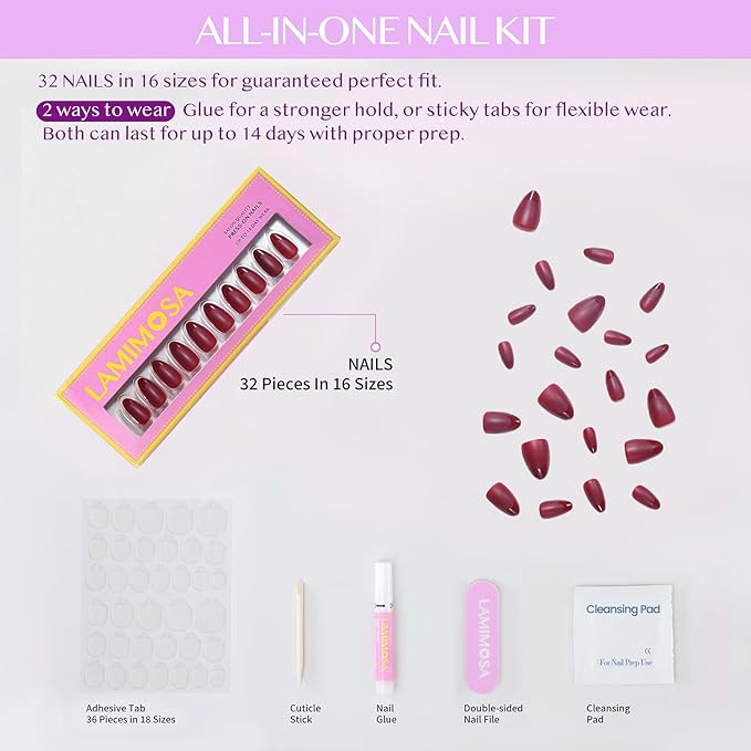 LAMIMOSA 32Pcs Burgundy Red French Tip False Nails - Short Almond Press on Nails kit with Glue, Soft Gel Fake Nails in 16 Sizes, Reusable Stick on Nails kit, RED HEELS