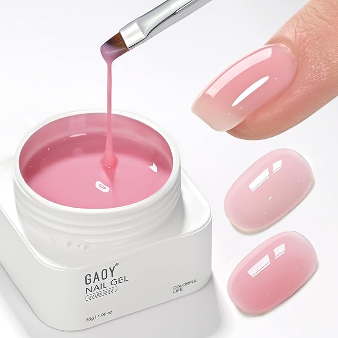 GAOY Colored Builder Base 30g with a Brush, 4-in-1 Long Lasting Nail Builder Gel Nude Pink Natural Jelly, Soak Off UV Light Cure Nail Strengthening, Flamingo Pink