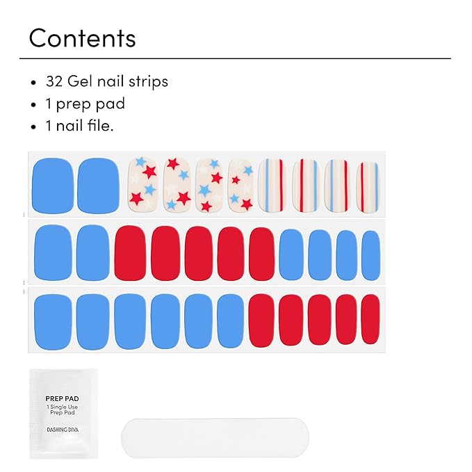 Dashing Diva Patriotic Gloss Nail Strips - Blue Jean Baby - UV Free, Chip Resistant, Long Lasting Gel Nail Stickers - 3-Piece Manicure Set - Contains 32 Wraps, 1 Prep Pad, 1 File