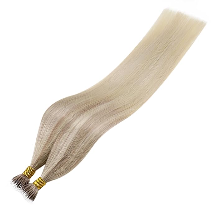 RUNATURE Blonde Ombre Nano Hair Extensions Human Hair, 14 Inch 50G 50S Ash Blonde Balayage Light Blond, Pre Bonded Nano Tip Hair Extensions, Cold Fusion, Long Lasting