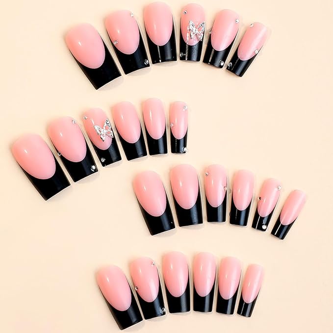 24Pcs Black French Tip Press on Nails Square Long Fake Nails Pink Full Cover Glue on Nails with Rhinestones Butterfly Charm Designs Acrylic Artificial Nails Glossy Stick on Nails for Women Girls