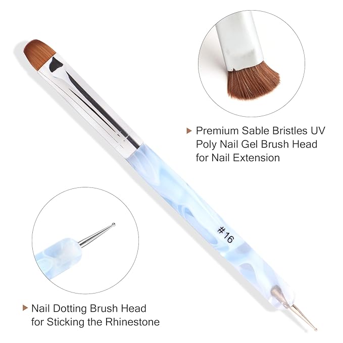 French Manicure Brush - Two Way Nail Art Brush with Dotting Manicure Tool - Professional Salon Quality, Nail Dotting Pen (16#, Blue)