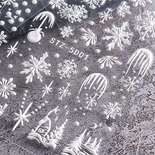 CHARMARK Snowflake Nail Art Stickers, 5D Embossed, Christmas, White, 4 Sheets (Snowflakes A)