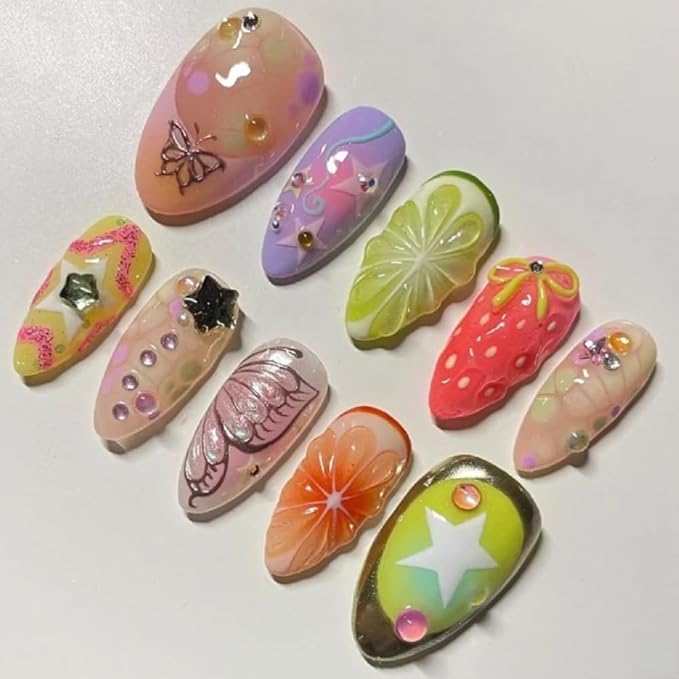 Press On Nails - Short Coffin Handmade Unique Fake Nails, Artistic Design, Thick Acrylic and Muti-Layer Gel False Nails, Reusable UV Gel Cured Sturdier 3D Fake Nails,DIY Art Decorate