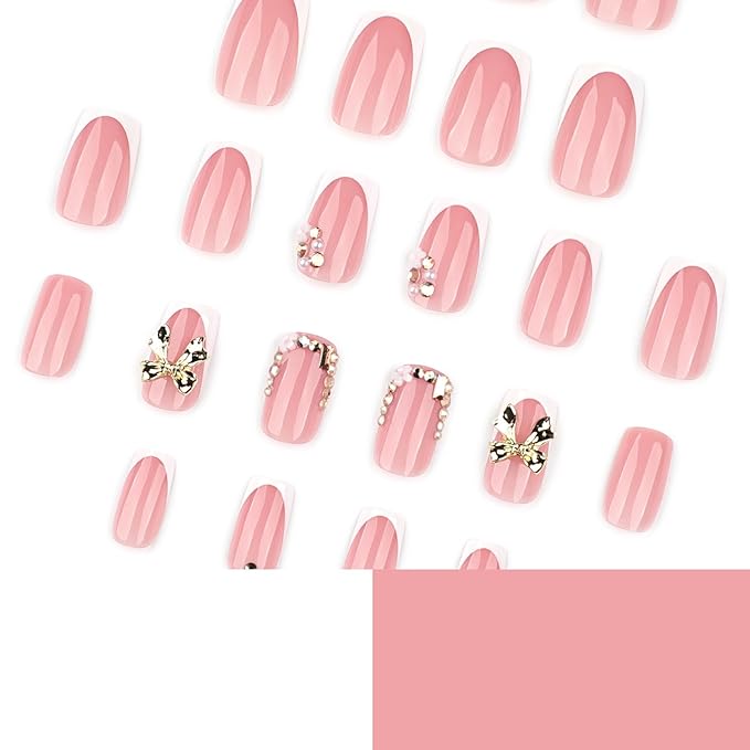 Short Press on Nails Square - White Fake Nails with Bow Design - Rhinestone, Shiny Full Cover Stick on False Nails for Women 24 Pcs