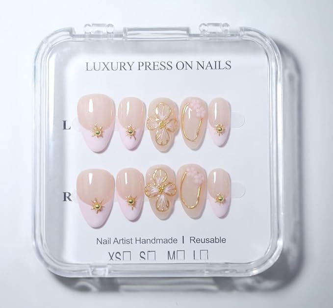 10 Short Almond Handmade Press On Nails | Nude & Blush Ombre Design with 3D Floral & Gold Accents | Salon-Quality, Easy Apply/Remove, Reusable & Long-Lasting (251214, XS)