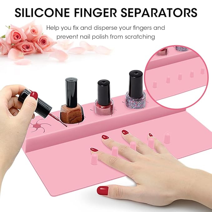 Nail Polish Holder,Silicone Hand Rest Mat Fingernail Painting Tools 2 in 1 Art Accessories Organizer Case Set with Anti-Spill Bottle Stand and Finger Separators for Pedicure Manicure(Pink)