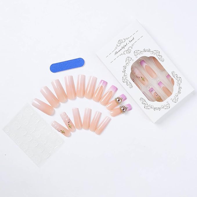 Long Press on Nails Square Fake Nails Purple Gradient French Tips Nails Press on False Nails with Relief Swirl Gold 3D Heart Designs Acrylic Nail Long Square Glue on Nail for Women Manicure