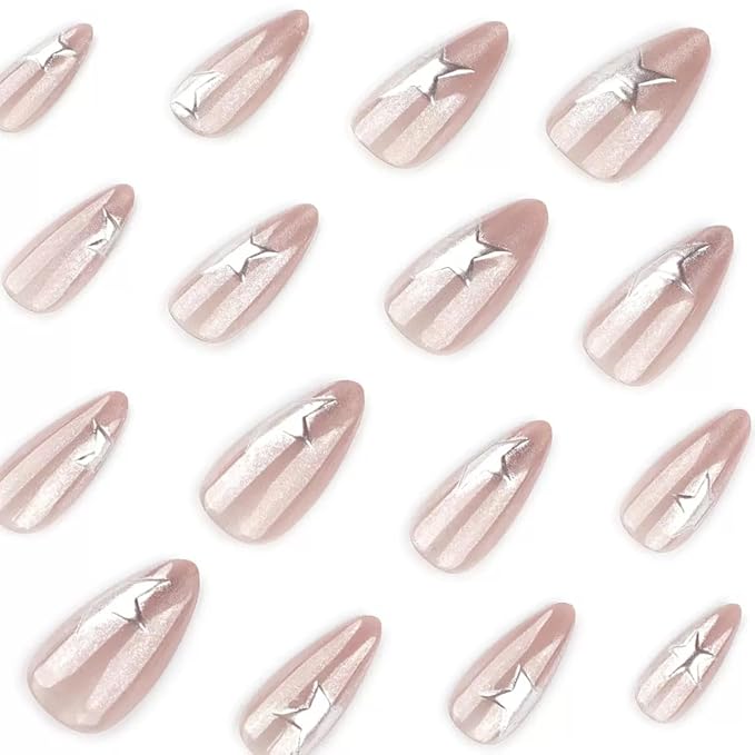 Almond Press on Nails Medium - Glitter Fake Nails with Sliver Star Design - Glossy Bling Full Cover Stick on False Nails for Women Manicure 24 Pcs