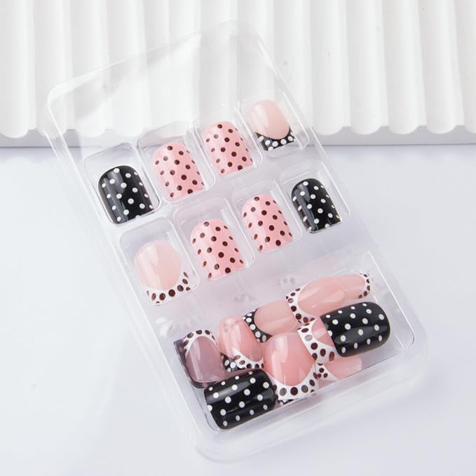 Polka Dot Press on Nails Short Square Fake Nails French Tip False Nails Cute Polka French Acrylic Nail Glossy Full Cover Glue Stick on Nail for Women Manicure 24Pcs