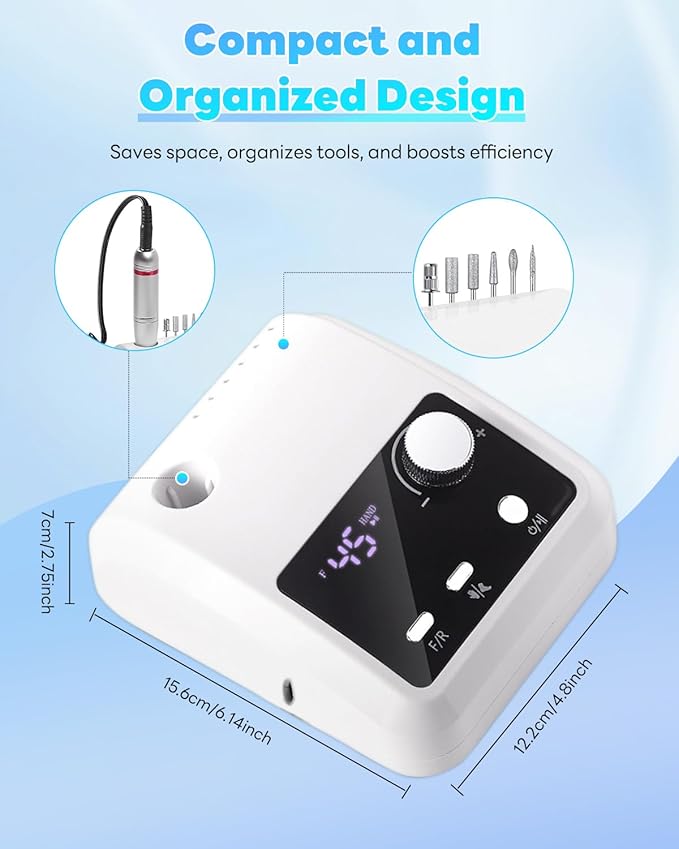 CozyZen Electric Nail Drill Professional: 45000 RPM Nail File Kit Machine with LCD Display, Hand & Foot Control Low Noise for Acrylic, Gel Nails, Manicure & Pedicure - Salon & Home Use (White Plus)