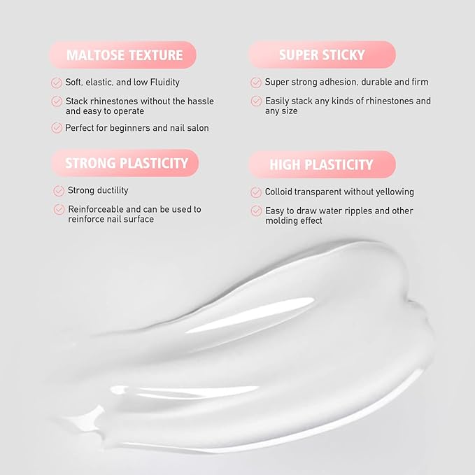 VARNAIL Elastic Gem Gel, No Wipe Stick Gel, Super Sticking Nail Gel Long Lasting Gel, Universal Gem Gel for Rhinestones and Nail Accessories (Ultra Stiky -Maltose 8g)