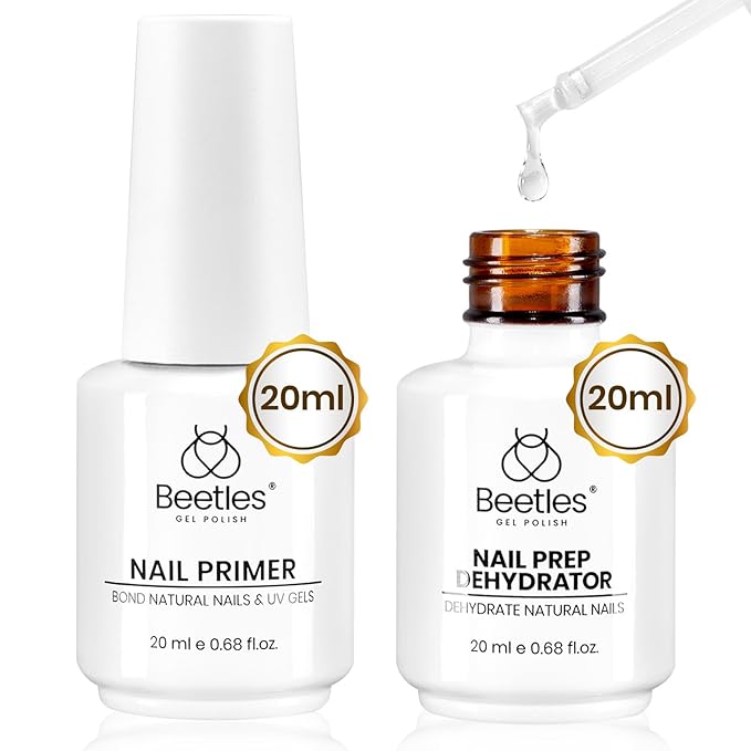 Beetles 20ml 2Pcs Nail Dehydrator and Primer, Large Capacity Acid Free Acrylic Nail Prep Dehydrate and Primer for UV Gels Superior Bonding Professional Salons Set