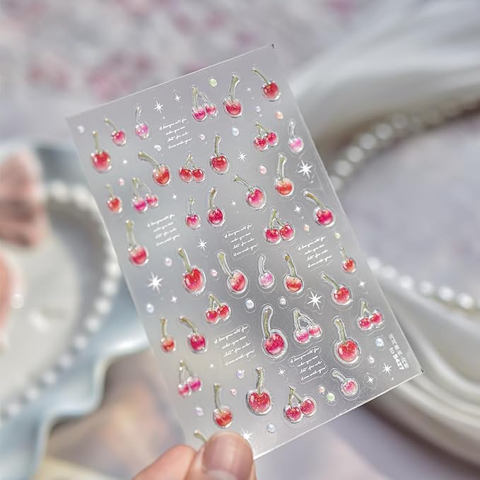5D Cute Nail Stickers for Nail Art Embossed Crystal Red Cherry Nail Decals Self Adhesive Colorful Polka Dot Nail Design French Nail Art Stickers Fruit Cherry Nail Supplies Decoration for Women 1Sheet
