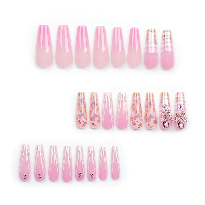 Press on Nails Long Coffin Fake Nails Pink Ombre Full Cover Acrylic False Nails with Butterfly Charm Rhinestone Designs Long Square Nails Press Ons Sparkly 24Pcs Stick on Nail for Women and Girls