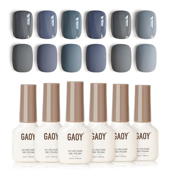 GAOY Blue Gel Nail Polish Set, 6 Colors Dark Gray, UV Light Cure Gel Polish for Nail Art DIY at Home
