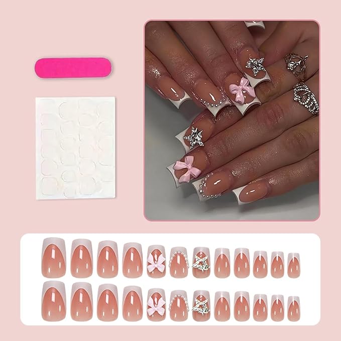 Bow Press on Nails Short Square Fake Nails Cute False Nails Press ons with Bow,Star Design Full Cover Glossy Glue on Nail Stick on Nails for Women Manicure,Reusable | Easy Apply | Acrylic | 24 Pcs