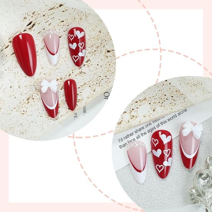 Press on Nails Red - Medium Almond Fake Nails with Heart Bow Design - French Tip False Nails Press ons - for Women 24 Pcs
