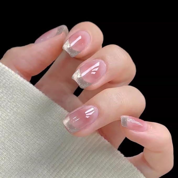 Blush Pink Semi Cured Gel Nail Strips French Tip 20Pcs Glitter UV Gel Nail Stickers Glossy Nails Polish Strips UV/LED Light Needed Self Adhesive Full Polish Nails Wraps for Women