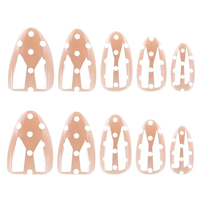 Chrome Polka Dot Press on Nails Short Almond Fake Nails Cute Nude Nails Press ons with White Dots Design,Full Cover Stick on Nails for Women Manicure,Reusable | Artificial | Easy Apply | 24Pcs
