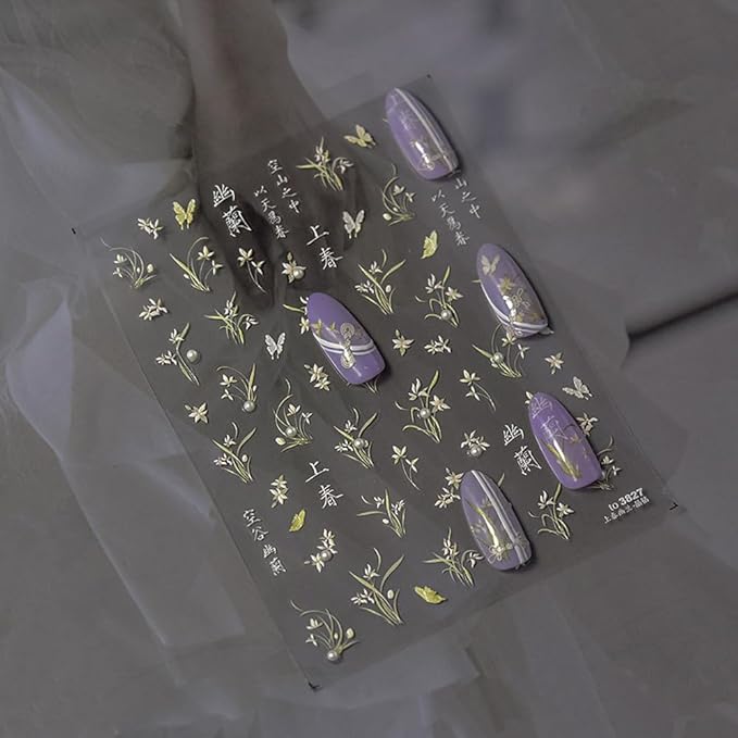 Floral Butterfly Nail Art Stickers, Green and White Designs, Delicate Orchid Chinese Characters Nails Decal