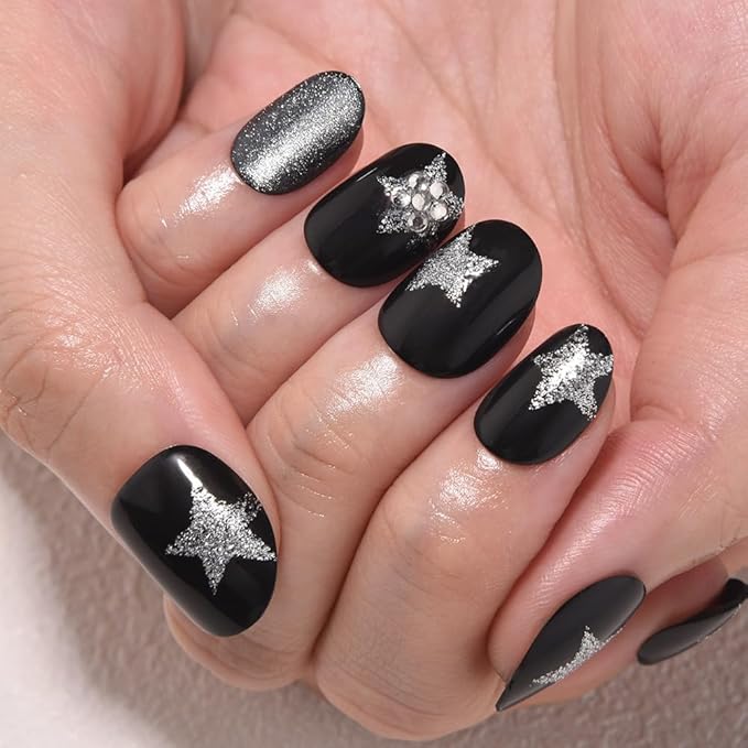 evpct Black Goth Cat Eye Short Press on Nails Oval, Short Oval Stick on Nail for Women Gift, Gothic Silver Star Metallic Glitter Glossy Reusable Spring Summer Press on Acrylic Fake Nail with Design