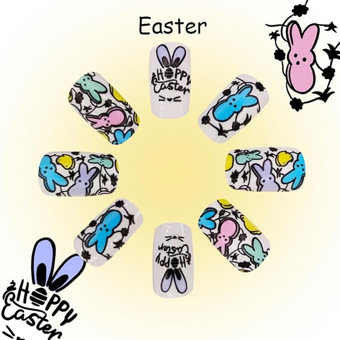 Easter Press on Nails Short Square Fake Nails Colorful Bunny with Easter Eggs Design Happy Easter Letter False Nails Full Cover Matte Rabbit Acrylic Nails Stick on Nails for Women Nail Art 24 Pcs