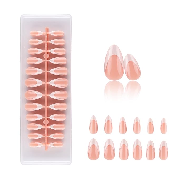 Lamemoria Pre-Design Geled Almond French Tip Press On Nails,Medium White French Nail Tips, Basic Salon Fake Nail Kit Set With Glue/Tabs/File, 240 PCS