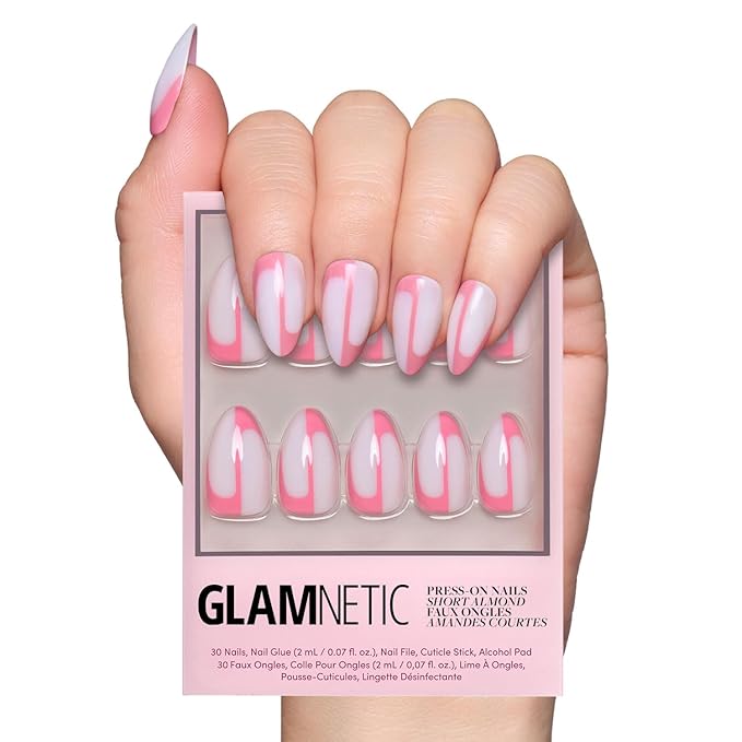 Valentines Day Glamnetic Press On Nails - Better Half | Glossy, Semi-Transparent Short Almond Nails with Pink Accents, Salon Quality | 15 Sizes - 30 Nail Kit with Glue