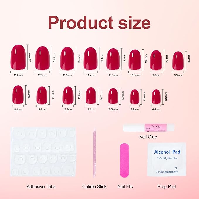 Cherry Red Press On Nails Medium Almond Handmade Soft Gel Fake Nails Burgundy, Deep Red Stick Glue on Nails Kit for Women, Reusable Acrylic False Nail Set